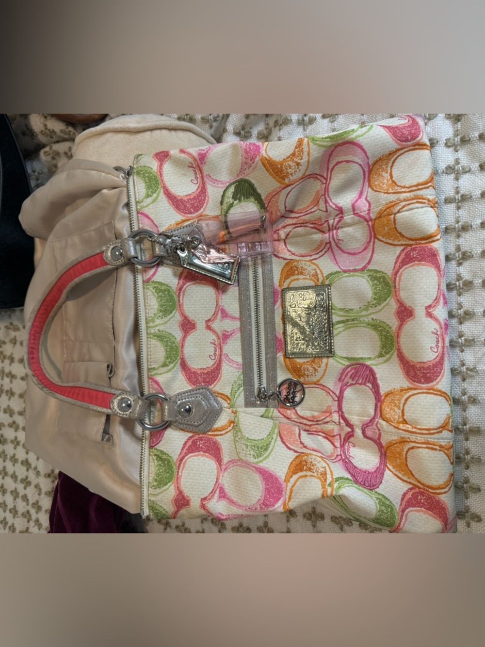 Coach Multicolor Canvas Tote with Pink, Green, Orange and Cream Accents